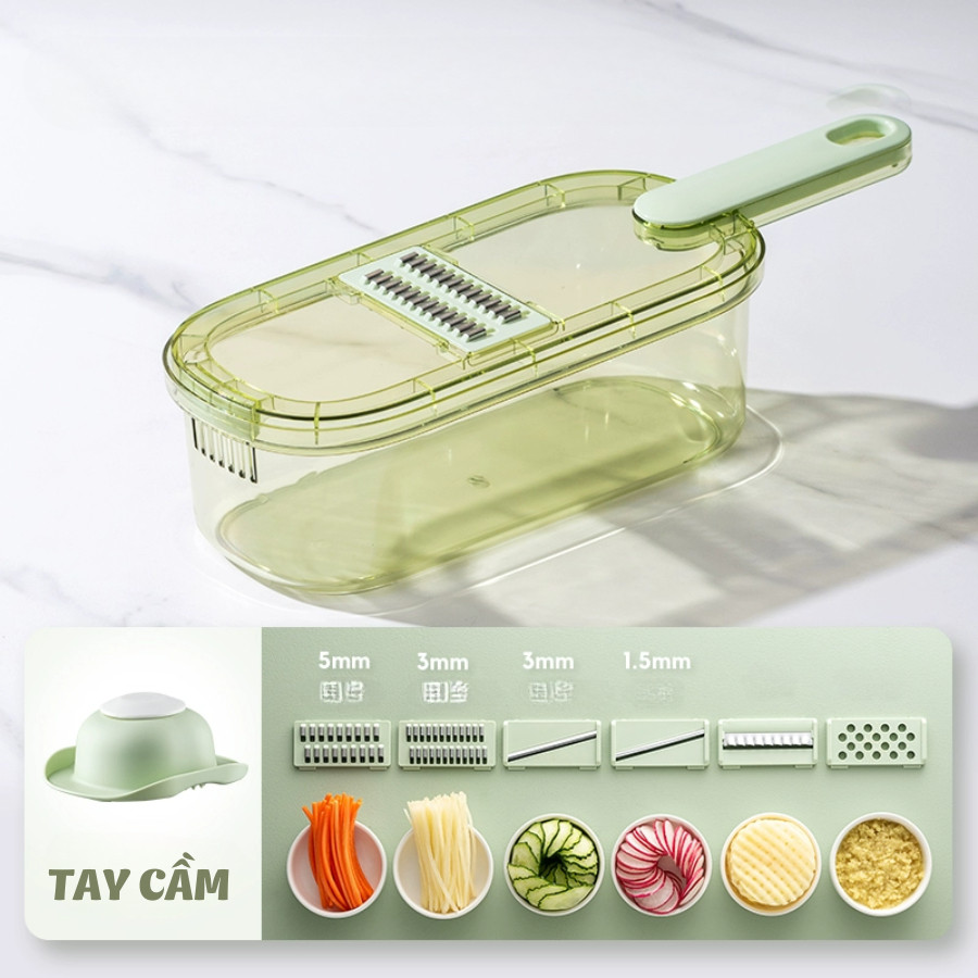 Bộ Nạo Rau Củ 6 Lưỡi Dao Kèm Khay Đựng Và Tay Cầm Bảo Vệ HOMIE, Dụng Cụ Bào Sợi Đa Năng, An Toàn
