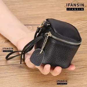 Túi đựng mỹ phẩm IFANSIN, Xô đựng đồ du lịch hình tròn bằng da, Son môi đa chức năng có dây kéo