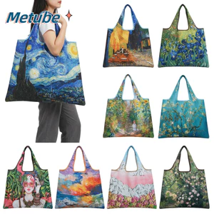 Túi mua sắm gấp METUBE, In tranh sơn dầu Thiết kế di động Túi mua sắm vuông, Túi di động Dung tích lớn có thể gập lại Thiết kế định vị Túi tạp hóa Túi xách nữ