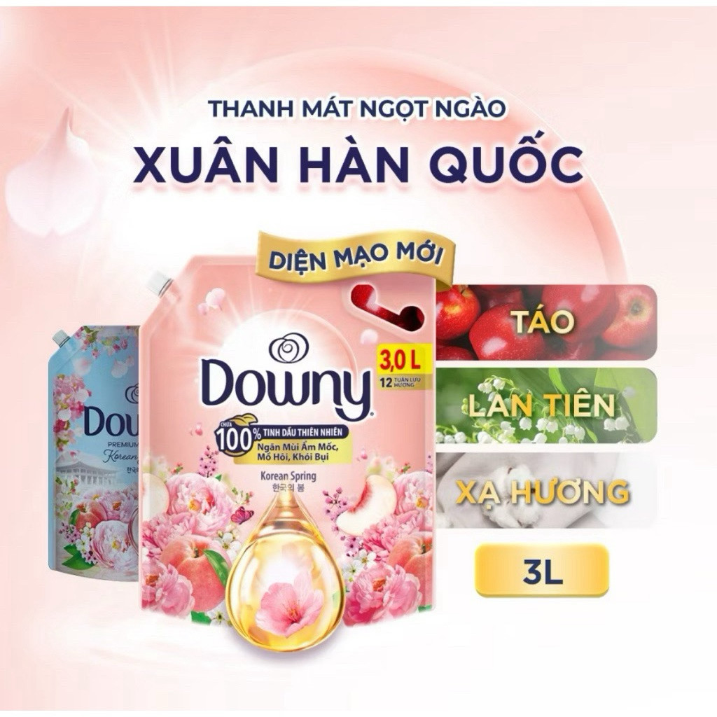 Downy Nước Xả Vải Hương Hoa & Trái Cây Xuân Hàn Quốc 100% Tinh Dầu Thiên Nhiên - 3L/túi