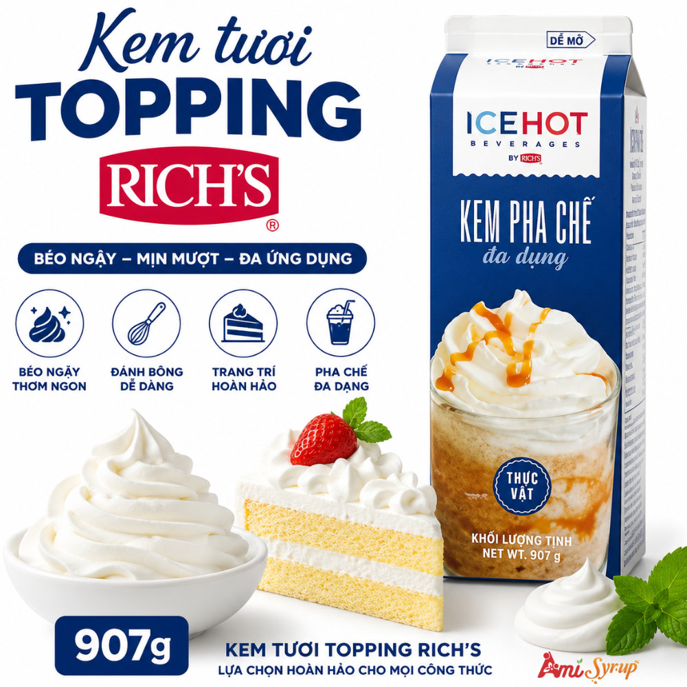 Kem Béo Thực Vật Đa Dụng IceHot Rich's Cao Topping Base Hộp 907g, Dễ Đánh Bông Giữ Form Tốt, Ứng Dụng Đa Dạng