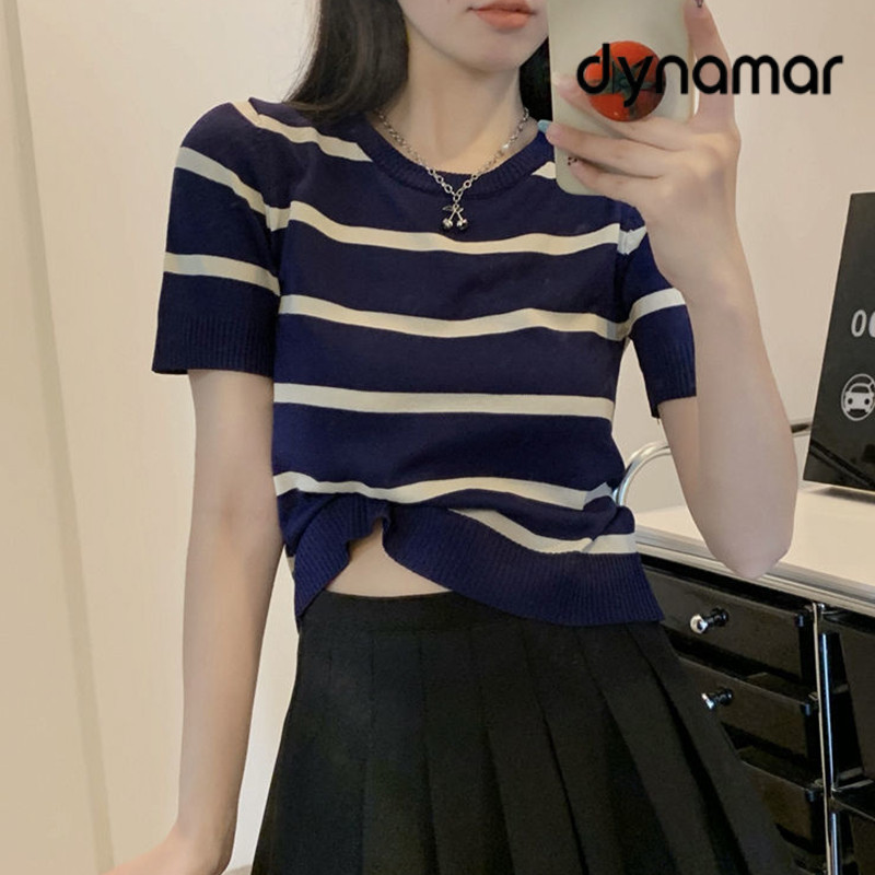 【dynamar】Áo thun ngắn tay dệt kim kẻ sọc tương phản màu sắc dành cho nữ, thiết kế mùa hè, kiểu dáng ôm sát.