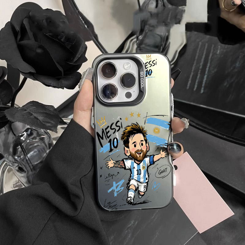 Ốp lưng iPhone hoạt hình họa tiết Messi phủ kim loại IMD iP 17 16 15 14 13 12 11 Pro Max Plus X Max 7 8 Plus Air