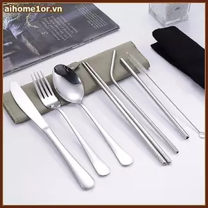 AIHOM 8 Cái Có Thể Tái Sử Dụng Du Lịch Flatware Bộ 430 Thìa Inox Nĩa Chopstis Ống Hút Bàn Chải Vệ Sinh Cho Cắm Trại Trường Ăn Trưa Làm Việc,