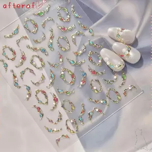 Miếng dán móng tay bằng kim cương giả AFTEROF, Đề can nghệ thuật làm móng bằng đá quý 5D dập nổi, Thiết kế kim cương vàng sang trọng Trang trí móng tay Làm móng tay