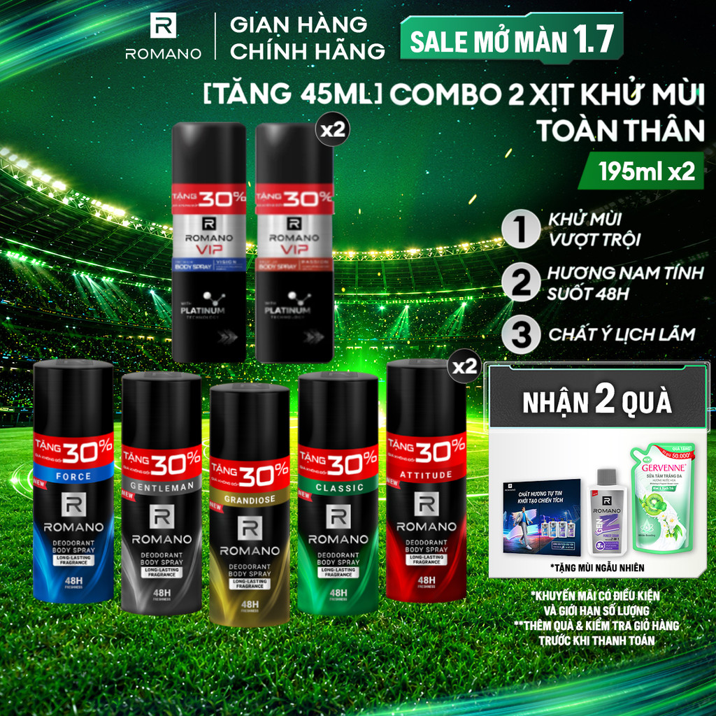 [Tăng 45ml dung tích] Combo 2 Xịt khử mùi cho nam Romano Ngăn mồ hôi và mùi cơ thể 48H 195ml - 150ml/chai