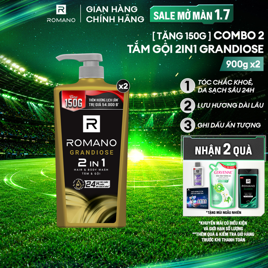 Combo 2 Tắm gội cho nam 2in1 Romano Grandiose 900g