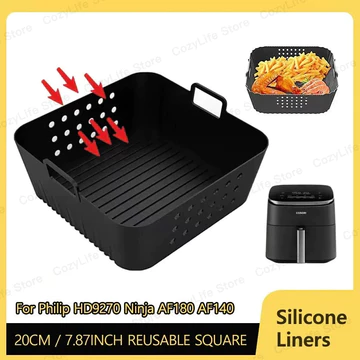 7.87inch Có Thể Tái Sử Dụng Vuông Nồi Chiên Không Khí Silicon Lót Cho Ninja AF180 AF140 Nồi Chiên Không Khí Cho Philips HD9270 Giỏ Silicon Nồi Chiên Không Khí