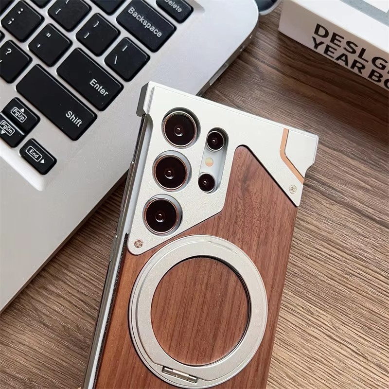 Dành Cho Samsung Galaxy S23 S22 S24 S25 S26 Ultra Walnut Gỗ Kim Loại Viền Giáp 360° Giá đỡ từ tính xoay Vỏ chống sốc