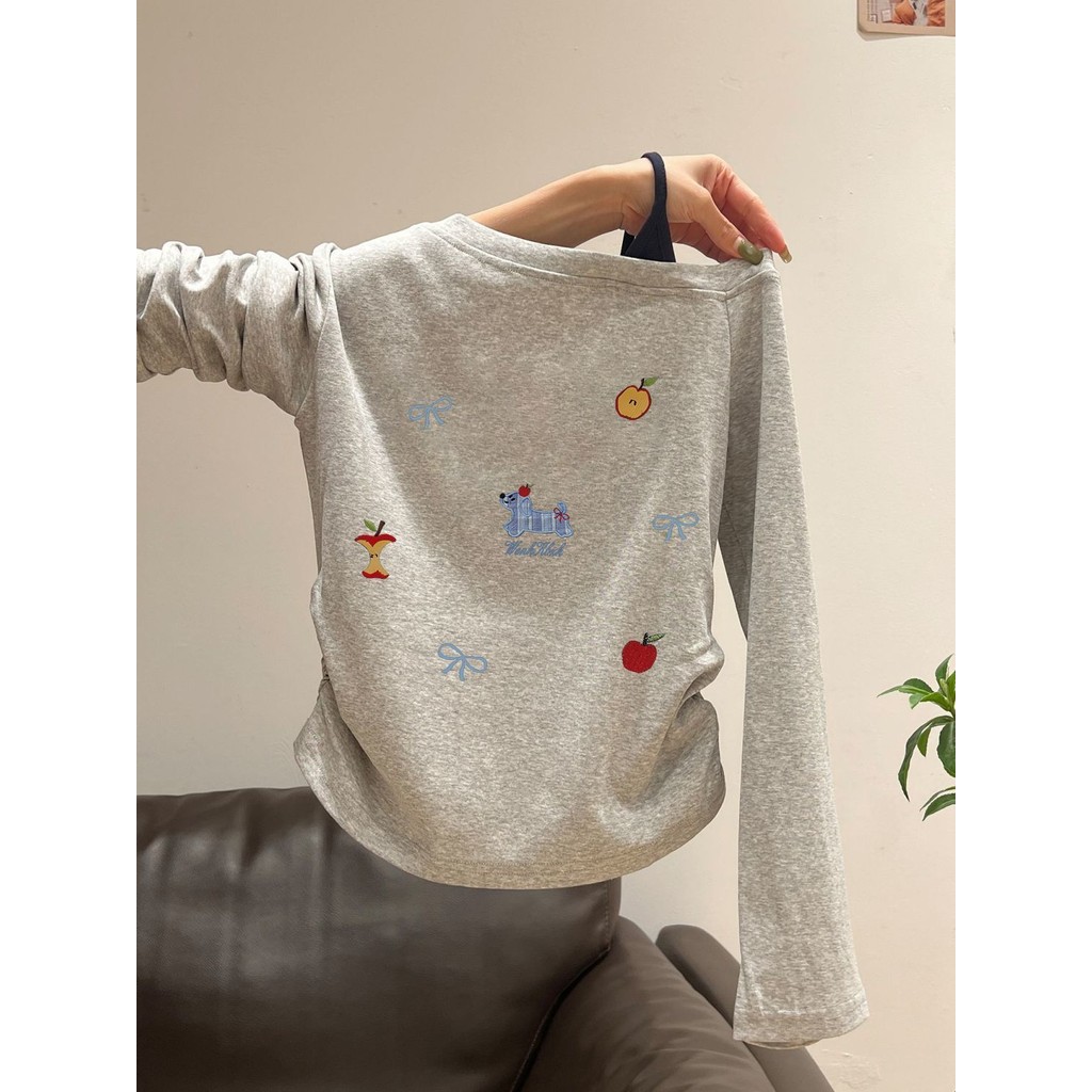 Milyfashion Retro Đeo Vai Dài Tay T Thu Đông Phù Hợp Với Niche Slim-Fit Xếp Ly Quần Áo Nữ