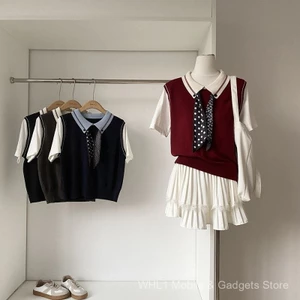 Mùa thu 2025, váy hai mảnh preppy style phong cách Hàn Quốc, tay ngắn dáng vest giả