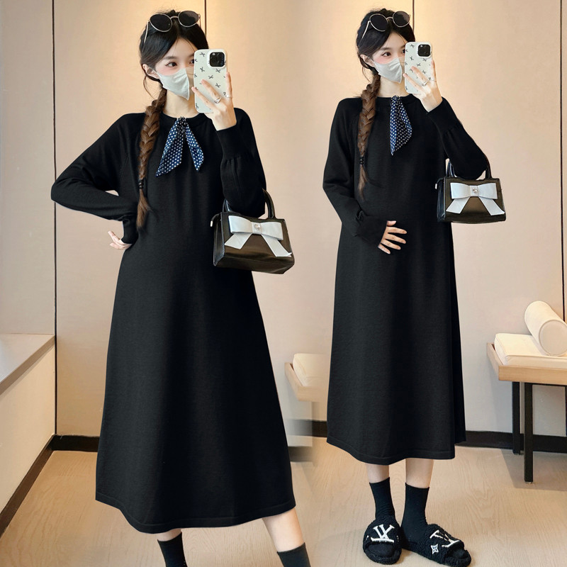Đầm bà bầu thu đông dệt kim cao cấp với chi tiết ruy băng