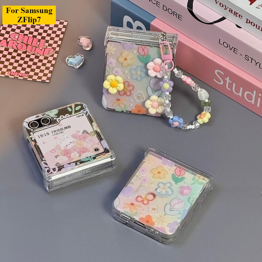 Thích Hợp Cho Samsung Galaxy Z Flip7 Flip6 Trong Suốt 3D Màu Hoa Vòng Tay Vỏ Điện Thoại Cho ZFlip 7 6 5 4 3 5G Dây Gấp Bảo Vệ Cứng