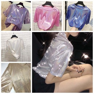 Áo lụa thời trang FUJIZOU, Áo thun nữ dáng rộng sáng bóng màu tím cổ điển, Sequins hồng thẩm mỹ ngọt ngào Bông tai Kẹp tay ngắn