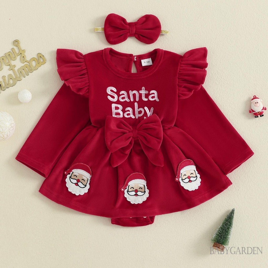 Bé Gái Trang Phục Giáng Sinh Chữ Ông Già Noel Thêu Tay Dài Cổ Tròn Romper Đầm + Nơ Băng Đô
