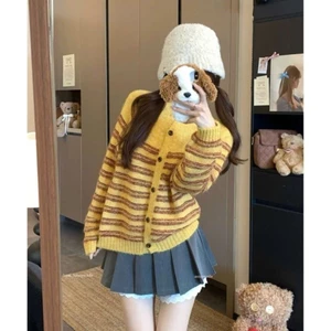 Áo len cardigan dài tay phối họa tiết kẻ sọc chất liệu len mềm mịn hàng QCCC XIMIMI SP390