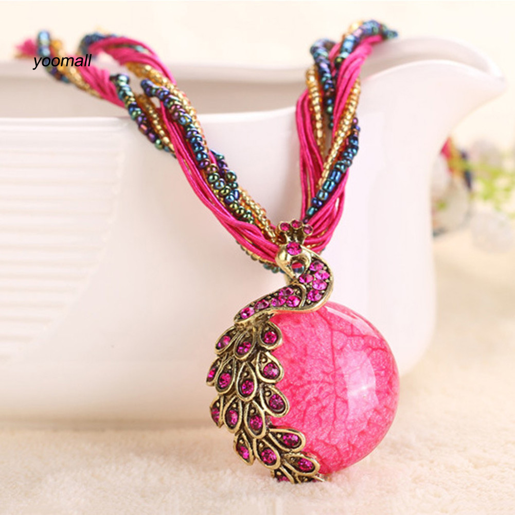 Mặt Dây Chuyền Vòng Cổ Phong Cách Boho, Họa Tiết Con Công, Sọc Kẻ, Kim Cương Và Opal Giả - Quà Tặng Đặc Biệt