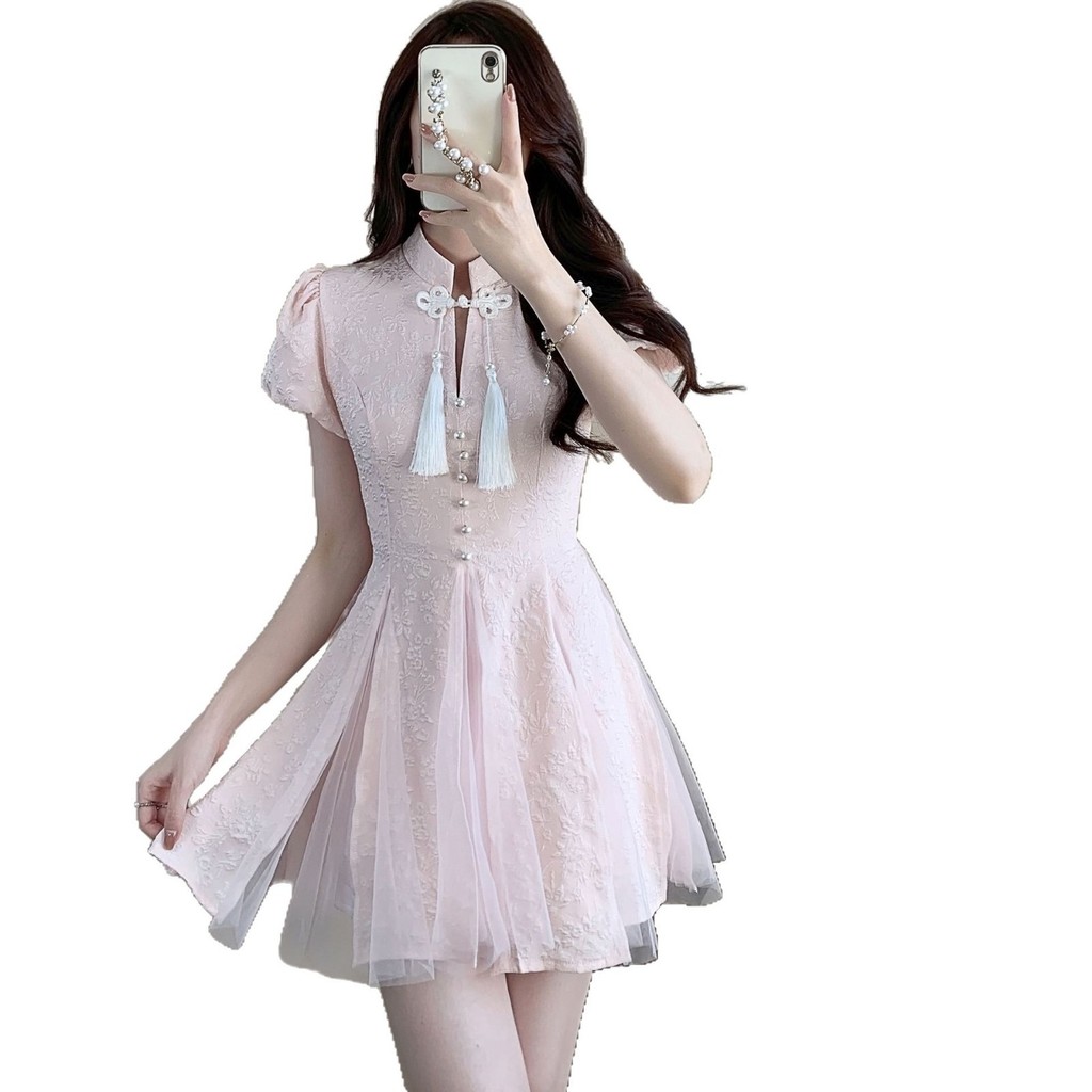 Váy sườn xám ngắn tay hiện đại phong cách Trung Quốc mới dành cho nữ, váy bồng bềnh kiểu tiên nữ thanh lịch ôm dáng