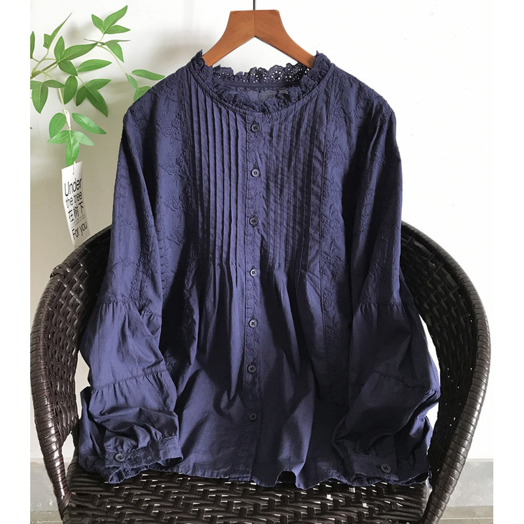 Áo sơ mi nữ cotton nguyên chất màu trơn kiểu Pháp, cổ ren đứng xếp li, phong cách văn học