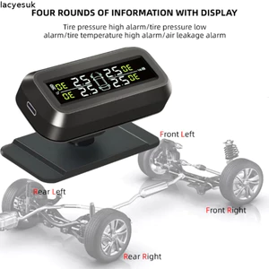 LACYESUK TPMS, Hệ thống giám sát áp suất lốp sạc USB năng lượng mặt trời, Chế độ báo động cảnh báo nhiệt độ Màn hình kỹ thuật số chống nước TPMS không dây Bảo mật lái xe