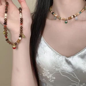 Meradian Phong Cách Hạt phỉ Vòng Cổ Niche Thiết Kế Retro Cao Cấp Hạt Gỗ Tự Nhiên Đá Xương Đòn Vòng Cổ