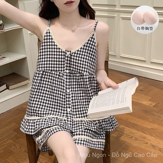 [Pre-Order]-Bộ Đồ Ngủ Cotton Mây Nữ Mùa Hè mát, Phong Cách Hàn Quốc, Có Miếng Lót Ngực và Quần Short Suspender hàng qc
