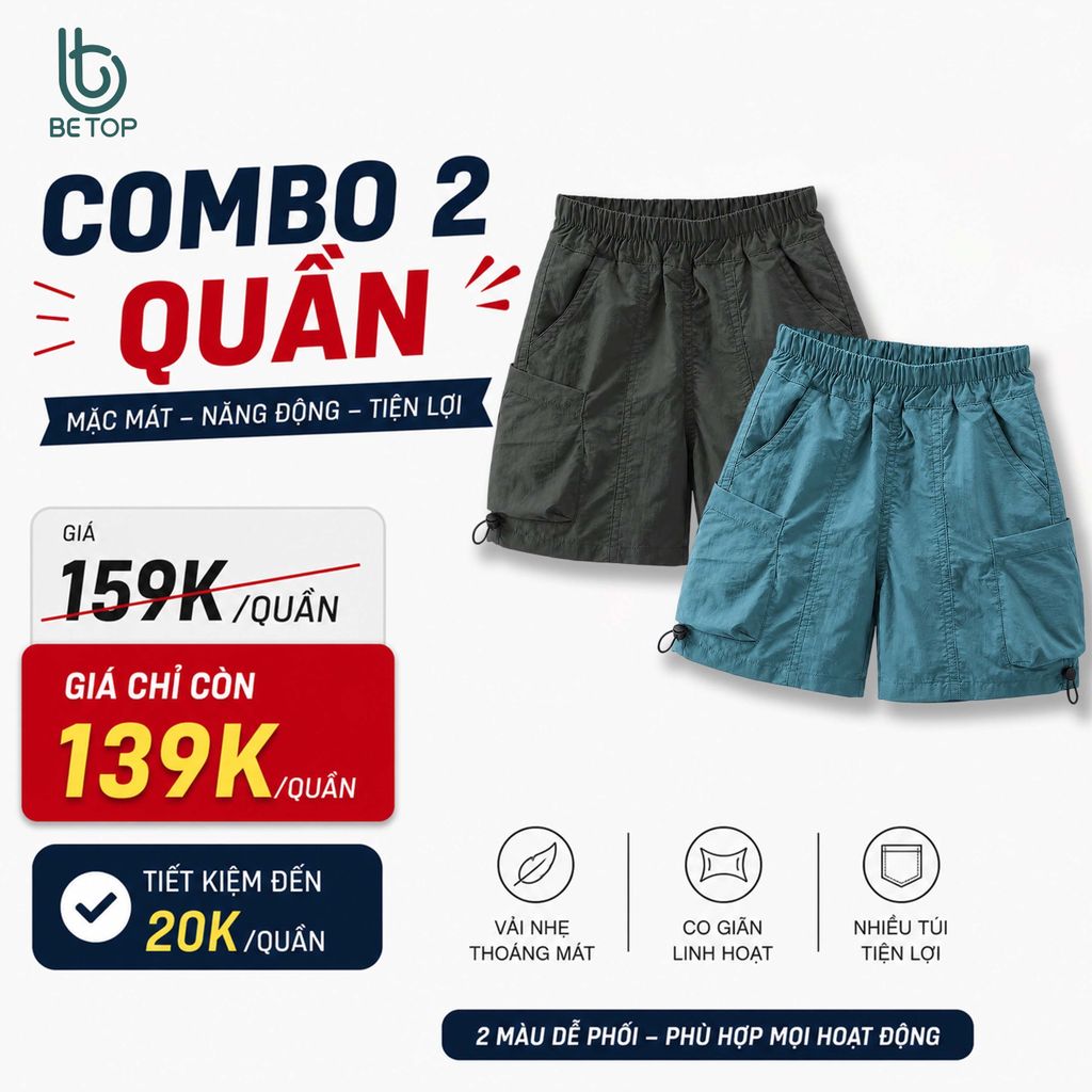 Quần Đùi Bé Trai BETOP Túi Hộp, Quần Short Thể Thao Năng Động Chất Gió Mềm Mịn Thoáng Mát Cho Bé QG04