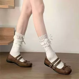 Mùa xuân hè Tất bê ren mỏng Tất nơ cọc Cô gái múa ba lê lolitajk Ống trung bình màu trắng