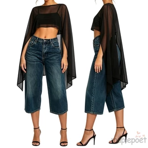 MAPLEPOET-Áo sơ mi nữ Sheer Flowy dáng rộng vừa vặn Crop Cover Ups