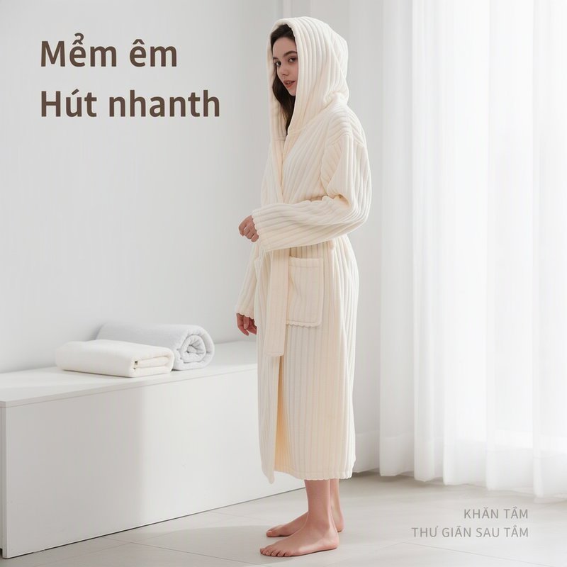 áo choàng tắm có mũ microfiber sọc mềm mại thấm hút nhanh khô thoáng khí giữ ấm freesize