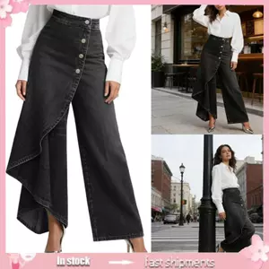 Women's Wide Leg Ruffled Skirted Pants Asymmetrical Wrap Button Detail Trousers