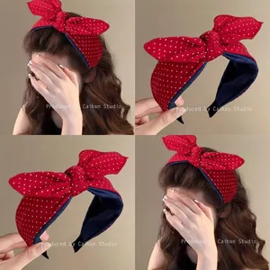 Chấm bi mạnh mẽ màu đỏ ~ Băng đô nơ đầu lâu cao cấp phong cách Hàn Quốc dành cho nữ Gói tóc nhạy cảm áp suất cao