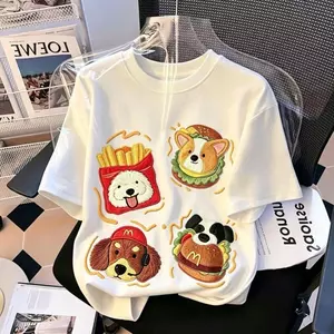 Phong cách Nhật Bản (100-160) Áo thun ngắn tay thêu hình chó con kiểu Pháp cổ điển