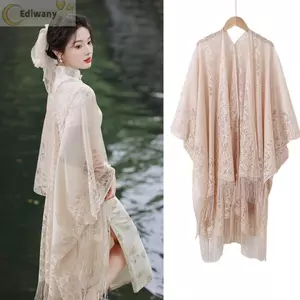 Áo len Cardigan ren EDIWANY, Khăn choàng ren dài màu tinh khiết, Vải lanh Cotton mỏng phong cách đa năng Tua Rua tua rua nhẹ Khăn choàng rỗng thời trang