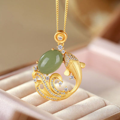Vòng cổ mặt dây chuyền ngọc bích mạ vàng biểu tượng cá thịnh vượng hàng năm