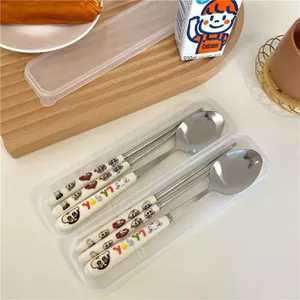 Cấp Thực Phẩm Thìa Inox Giá Trị Cao Hoạt Hình Dễ Thương Di Động Thìa Inox Nĩa Đũa Hộp Bộ Đồ Ăn 6.24