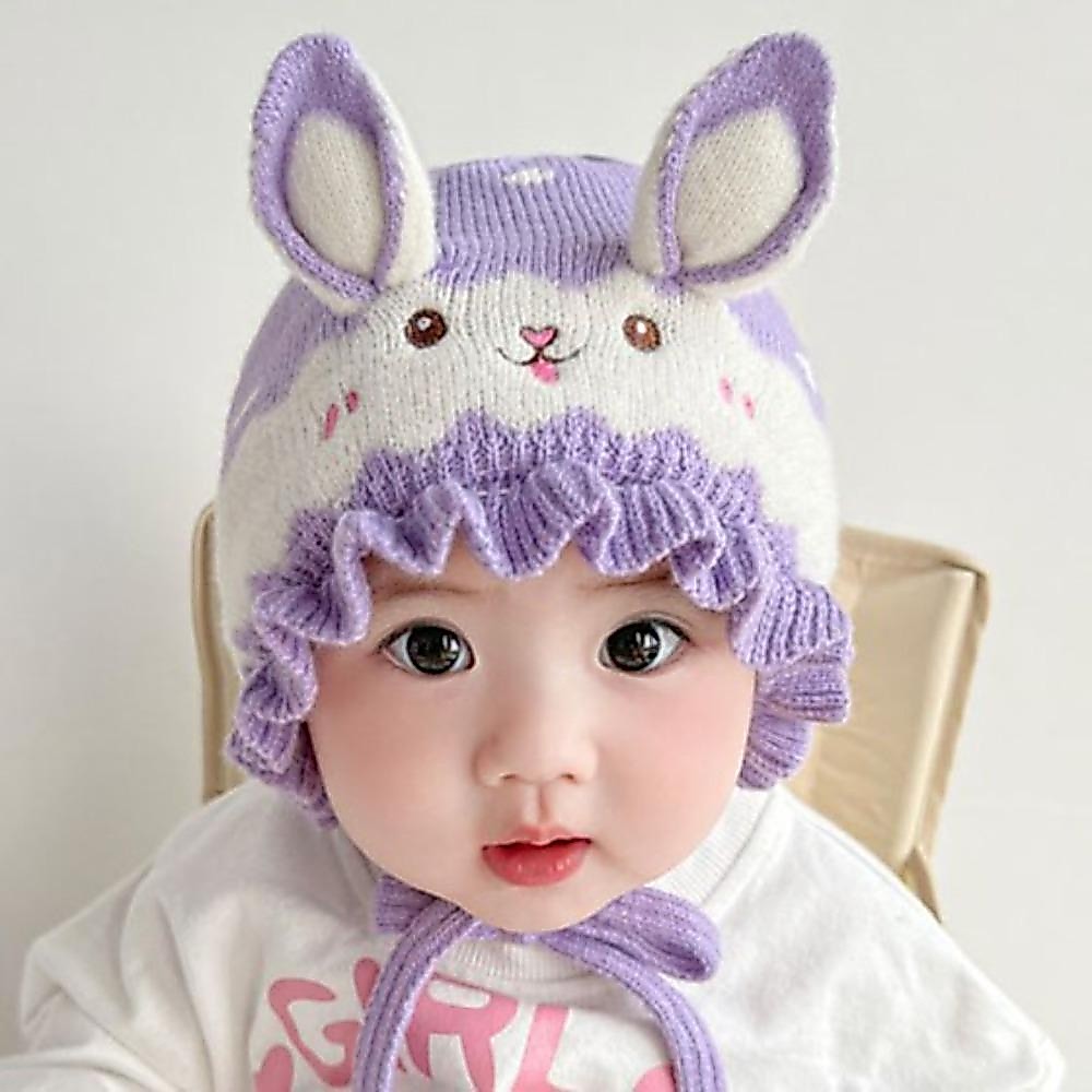 Mũ len bèo nhèo tai thỏ cho bé - Mũ len giữ ấm tai có dây buộc chất len mềm mại