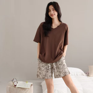 Bộ đồ ngủ ngắn tay dành cho nữ Bộ đồ ngủ có áo ngực tích hợp Đồ ngồi mềm mại Thích hợp để thư giãn trong nhà và mặc ngoài trời thường ngày vào mùa hè