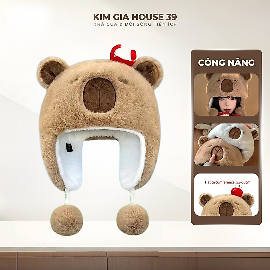 Mũ capybara bịt tai dây quả bông mẫu mới năm 2025 mũ lông ấm áp thời trang