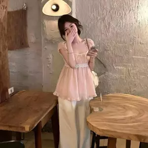 Áo thun cổ vuông màu hồng dành cho nữ mùa hè ren ngọt ngào Áo sơ mi trẻ em Tencel tay ngắn pha trộn