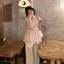 Áo thun cổ vuông màu hồng dành cho nữ mùa hè ren ngọt ngào Áo sơ mi trẻ em Tencel tay ngắn pha trộn