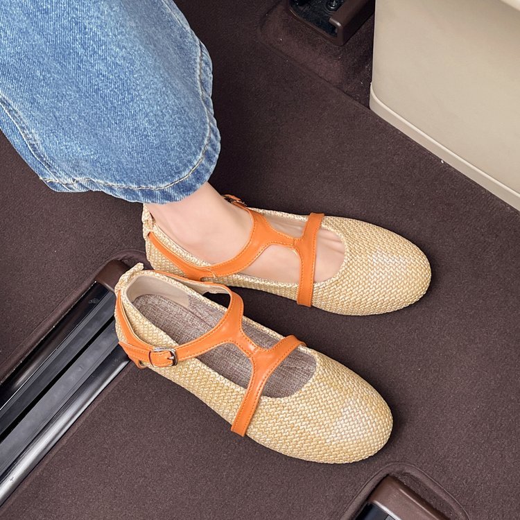 Retro Mũi Tròn Dệt Flat Slip-On Mary Jane Giày Mùa Hè Phong Cách Mới Thời Trang Thường Ngày Ngoài Trời Mặc Chống Trơn Trượt Chống Mài Mòn Đi Lại Giày Đế Bằng Nhà Máy Ai