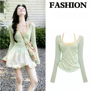 Áo chống nắng màu xanh bạc hà + Áo đeo vải tuyn + Bộ ba mảnh váy ngắn Trang phục bên bờ biển Dopamine mùa hè