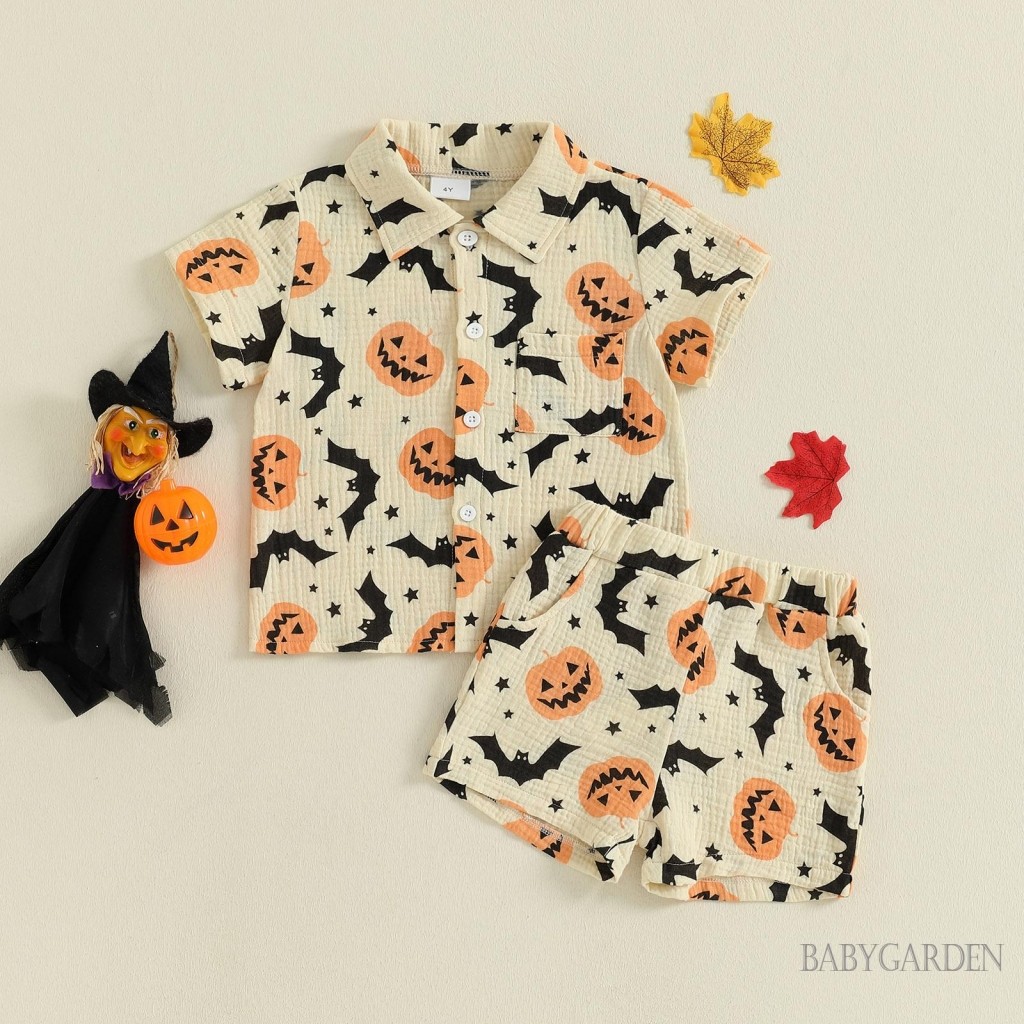 Trẻ Em Bé Trai Trang Phục Halloween Bí Ngô Bát In Hình Áo Sơ Mi Tay Ngắn + Quần Short