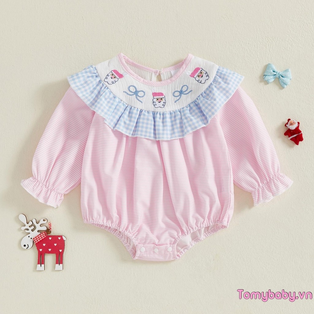 Bộ áo liền quần dài tay cổ tròn thêu cho bé gái