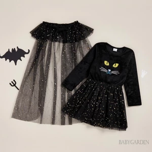 1-6 Tuổi Trẻ Em Bé Gái Halloween Mèo Trang Phục Dài Tay Cổ Tròn Áo Chắp Vá Có Khăn Choàng