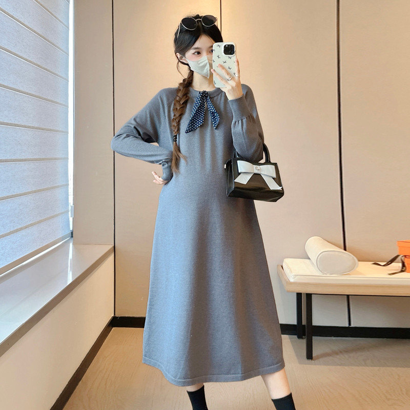 Đầm bà bầu thu đông dệt kim cao cấp với chi tiết ruy băng