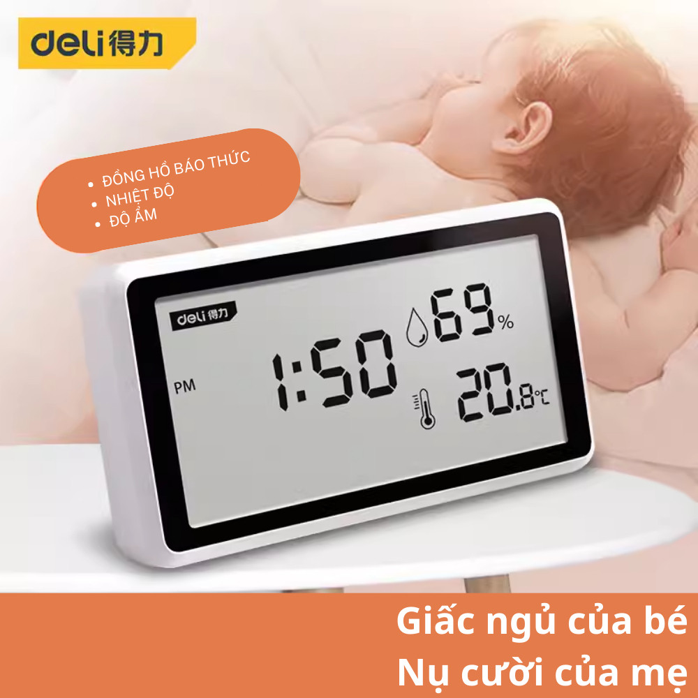 Nhiệt Ẩm Kế Điện Tử Tích Hợp Đồng Hồ Báo Thức Chính Hãng DELI