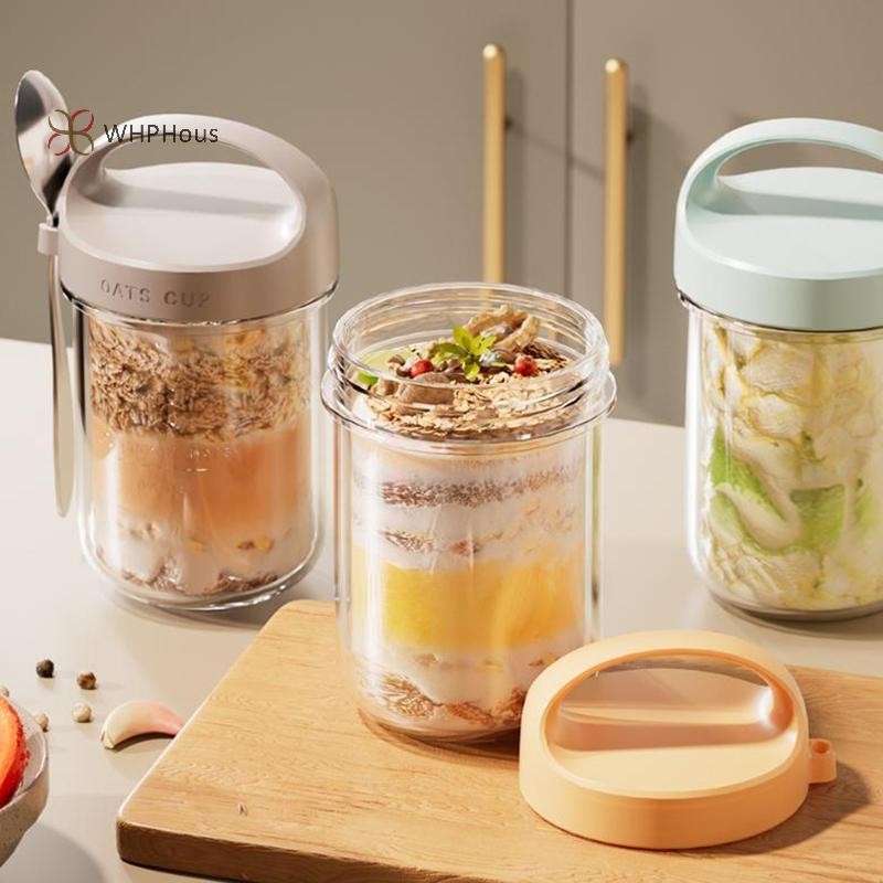 < WHPHous-t > 430ML Cốc ăn sáng mới Bột yến mạch Ngũ cốc Hạt Sữa chua Salad Cốc thủy tinh chống rò rỉ Hộp đựng yến mạch có nắp Thìa Hộp bảo quản thực phẩm