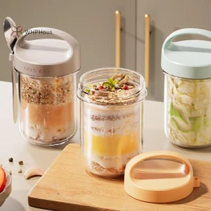 < WHPHous-t > 430ML Cốc ăn sáng mới Bột yến mạch Ngũ cốc Hạt Sữa chua Salad Cốc thủy tinh chống rò rỉ Hộp đựng yến mạch có nắp Thìa Hộp bảo quản thực phẩm